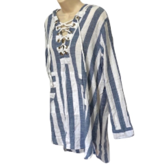 BLUE ISLAND Beach Swim Coverup Tunic Nautical Stripe Lace Up Hoodie Medium - Picture 2 of 14